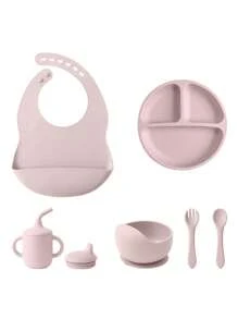 Conjunto de vajilla personalizada para bebé de 6 piezas en silicona, incluye baberos impermeables, plato portátil, cubiertos blandos, bol con ventosa, taza con tapa a prueba de fugas. Multiusos, ornamental, con letras, elegante, moderno, colorido, kawaii, adorable, lindo, casual, personalizado, único, personalizado, niño, niña