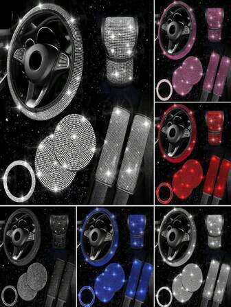 7 件/套仿水晶汽车方向盘套、换档旋钮、安全带垫、杯架杯垫、启动按钮装饰环内饰配件套装，多色