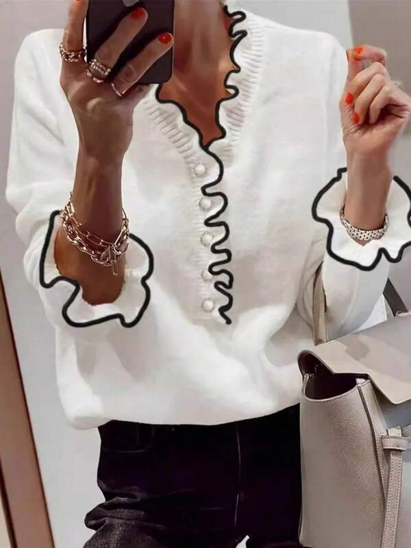 Plus Size Mulheres Babados Bainha Contraste Cor V-Neck Casual Pullover Sweater