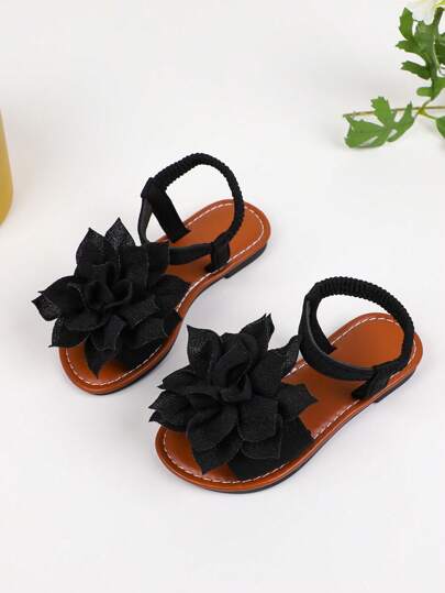 A Pair Of Girls' Sandals, New Solid Color Flower Princess Shoes In Summer, Elastic Band Design Soft-Soled Casual Girls' Beach Shoes.
