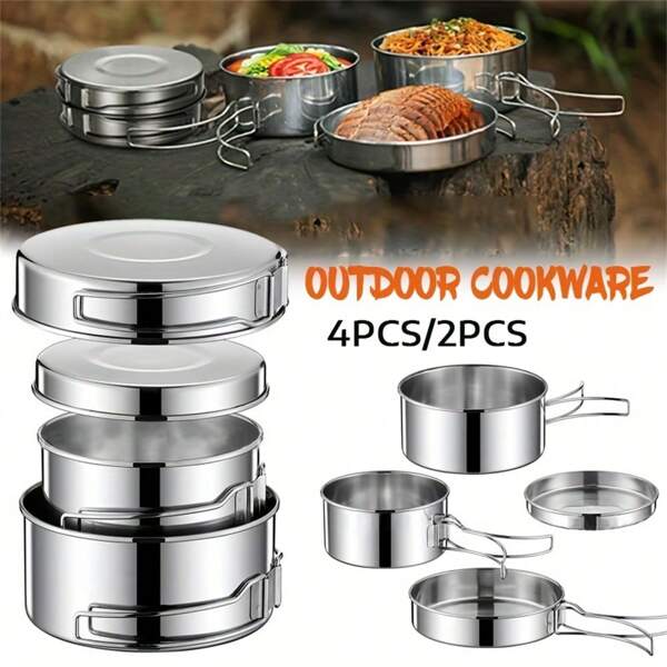 2pcs/4pcs Stainless Steel Cookware Set For Camping And Outdoor Activities - Lightweight And Portable With Pots, Pans, Plates, And Tableware,Picnic Cookware, Set Of Pots And Pans Sports, Outdoor Camping, Hiking, Picnicking, Camping, Kitchen, Camping Pots, Pans, And Frying Pans