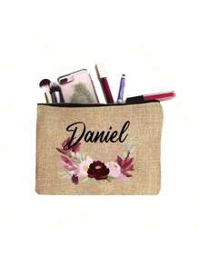 Customized Name Tote Bag, Floral Pattern And Customized Text, Solid Color Makeup Bag, Women's Linen Large Capacity Tote Bag, Shopping Bag, Portable Casual Storage Tote Bag, Suitable For Daily Travel, Beach Vacation, Large Capacity Shopping Bag, Perfect For School, Birthday, College, Work, Business, Commute, Outdoor, Travel, Vacation And Other Occasions, Women's Tote Bag And Large Tote Bag - Khaki - View 6