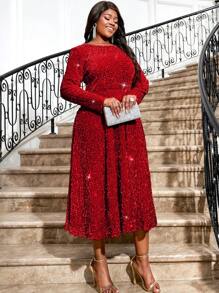 Plus Size Sequin Decor Shiny Round Neck Cocktail Gorgeous,Festival Party Dress For Birthday Wedding Guest Graduation Dinner Homecoming - Red - View 3