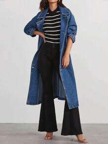 Women's Casual Denim Long Jacket With Double-Breasted Button And Raglan Sleeve For Autumn - Medium Wash - View 5