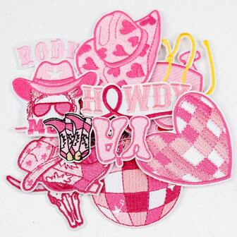12pcs Pink Western Cowgirl Embroidery Ironing Patches, Suitable For Truck Driver Hat DIY, Fashion Shoes Clothes Bag Hat Decoration, Iron-On Applique Crafts, Gift
