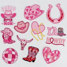 12pcs Pink Western Cowgirl Embroidery Ironing Patches, Suitable For Truck Driver Hat DIY, Fashion Shoes Clothes Bag Hat Decoration, Iron-On Applique Crafts, Gift