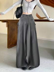 Women's Commute, Casual, Design Sense Front Pocket Pleated Bowknot Waist Solid Color Wide Leg Pants Suit Trousers, Autumn - Dark Grey - View 10