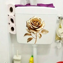 1pc Golden Rose Creative Toilet Sticker, Self-Adhesive Bathroom Home Decor Wall Sticker, Door Sticker, Refrigerator Sticker, Window Sticker, Toilet Sticker, Beautiful Home Decor, Room Decor, Beautify Your Home Bathroom Decor Summer