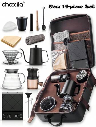 choxila 12件套咖啡套装，手冲咖啡套装，带便携咖啡盒，户外手冲咖啡工具，带咖啡包，包含手冲咖啡所需的所有用品，无需额外补充。包含便携包、研磨机、手冲咖啡壶、漏斗、分享壶、电子秤、咖啡杯、滤纸、豆勺