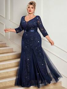 Đầm maxi dáng đuôi cá cổ chữ V sâu, đính sequin, ren hoa và lưới, cỡ lớn, phù hợp cho khách dự đám cưới, sinh nhật, họp mặt gia đình, lễ hội, lễ tốt nghiệp và các dịp khác, thanh lịch mùa xuân. - Màu xanh hải quân - Xem 8