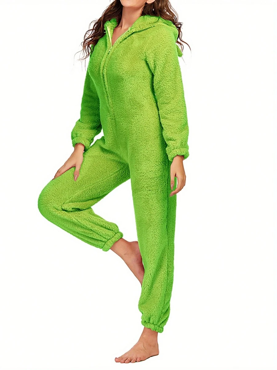 Women Thick Plush Sleeping Romper With Bear Ear Hat, Long Sleeve Zipper Hooded Jumpsuit For Autumn, Winter - 綠色 - 查看 1
