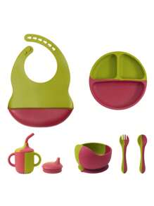 Conjunto de vajilla personalizada para bebé de 6 piezas en silicona, incluye baberos impermeables, plato portátil, cubiertos blandos, bol con ventosa, taza con tapa a prueba de fugas. Multiusos, ornamental, con letras, elegante, moderno, colorido, kawaii, adorable, lindo, casual, personalizado, único, personalizado, niño, niña