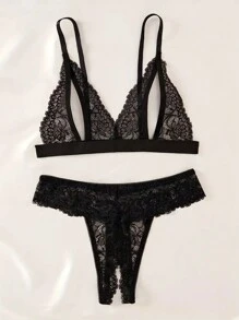 2 piezas Conjunto de lencería con encaje floral, sujetador de copa abierta y tanga de entrepierna abierta, conjunto de ropa interior y ropa de dormir sexy para mujer, look de "baddie" - Negro - Ver 4