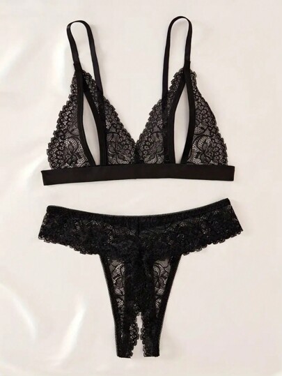 Bloemen Kanten Lingerie Set, Open Cup BH Crotch Thong, Verleidelijke Underwear Sleepwear Baddie Look view 3