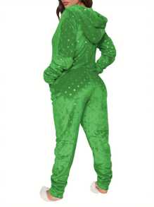 Women Christmas Home Jumpsuit, Star/Stripe Hooded Long Sleeves Zip-Up Fleece Pajamas For Night Sleep, S/M/L/XL