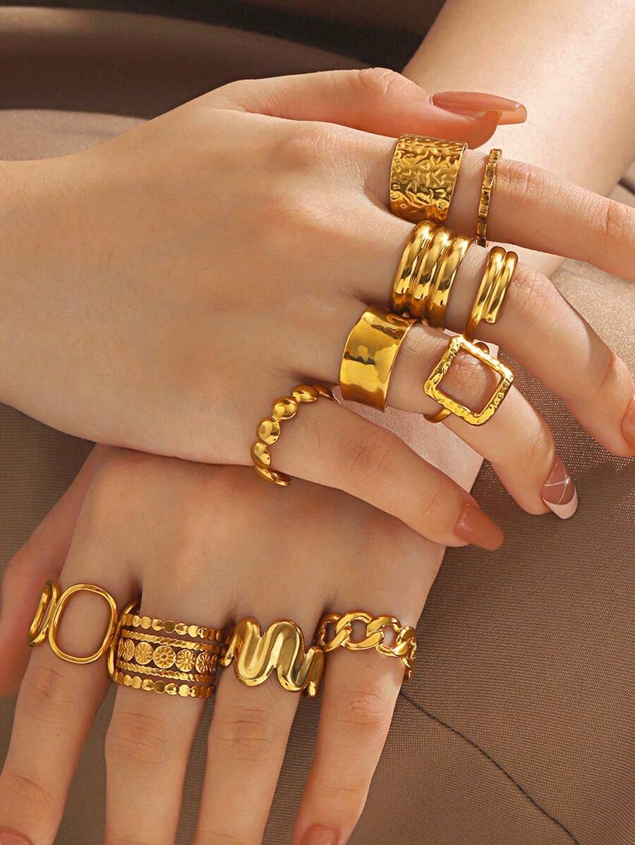 9pcs 18K Gold Plated Stainless Steel Chunky Baroque Style Rings, Gift For Women, Suitable For , Halloween, Christmas, Women's Jewelry, Gold Rings, Bohemian Style - Ring - View 1
