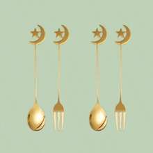 两件套不锈钢叉勺，饰有开斋节新月图案，适合节日和圣诞派对