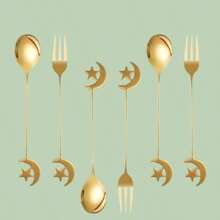 两件套不锈钢叉勺，饰有开斋节新月图案，适合节日和圣诞派对