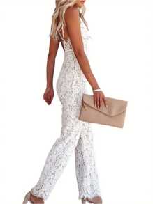 Women Elegant Jumpsuit, Spaghetti Straps V Neck Solid Color Lace Open Back One Piece Wide-Leg Jumpsuits Long Playsuit