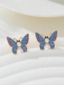 1 par de elegantes pendientes con forma de mariposa azul decorados con perlas, accesorios delicados y románticos adecuados para citas, regalo para novia o amigas