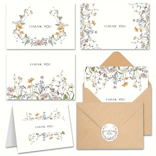 20/40/50 pezzi Biglietti di ringraziamento con fiori/fiori selvatici con buste e adesivi - biglietti di ringraziamento regalo speciale - adatto per qualsiasi occasione - matrimonio, fidanzamento, laurea, ecc.