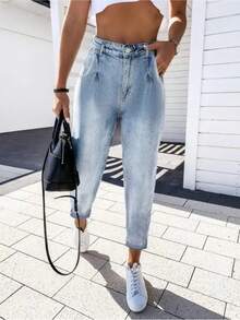 Casual Women Pleated Cropped Mom Jeans - Blue - View 5