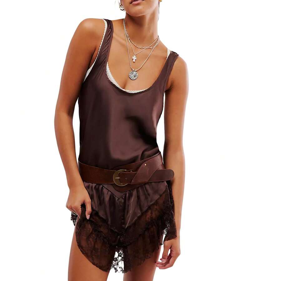 Women's Summer Sleevelesss Dress Lace Patchwork Deep U-Neck Backless Mini Loose Dress - Coffee - View 1