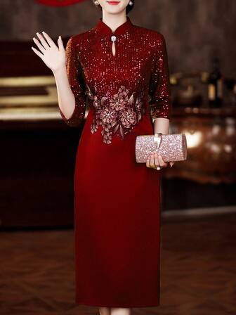 Sequin Patchwork Embroidered 3D Floral Evening Dress, Burgundy Cheongsam Style 3/4 Sleeve Fitted Dress, Pipa Collar Midi Dress, Elegant Women's Apparel, Back Zipper Closure, Suitable For All Seasons, Ideal For Christmas Eve/Thanksgiving/Christmas/Chinese New Year/New Year's Eve/Daily/Casual/Holiday/Event/Festival/Wedding/Engagement/Formal/Birthday/Celebration/Gift/Banquet/Social/Party Occasions