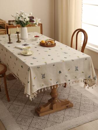 1pc Premium Linen Embroidered Wheat Tablecloth, Rectangular Cream-Colored Table Cover With Tassels, Countryside Style