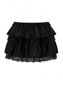 Women Y2k Lace Ruffle Bloomer Skirt Frill Tiered Solid Color Short Skirts Cute Layered Flowy A Line Mini Low Waist Short Skirt - màu đen - Xem 7
