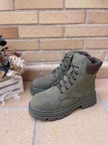 Botín de montaña con cordones para mujeres, sintética, acordonadas con plataforma, antideslizante. - Verde militar - Ver 3