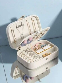 1pc Jewelry Box With 2 Layers, Large Capacity Jewelry Storage Box, Jewelry Display Tray For Necklace, Earrings, Rings, White Simple Compartment Jewelry Showcase, Dust-Proof And Anti-Oxidation, Minimalist Portable Jewelry Case, Travel Jewelry Organizer, Small Earring Ring Jewelry Box, Suitable For Earrings, Necklaces, Rings, Compact, Spacious, With Clasp, Lipstick, Watch, Women Gift, Girlfriend Gift, Christmas Gift, Halloween Gift, New Year Gift