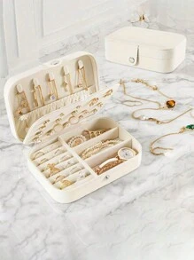 1pc Jewelry Box With 2 Layers, Large Capacity Jewelry Storage Box, Jewelry Display Tray For Necklace, Earrings, Rings, White Simple Compartment Jewelry Showcase, Dust-Proof And Anti-Oxidation, Minimalist Portable Jewelry Case, Travel Jewelry Organizer, Small Earring Ring Jewelry Box, Suitable For Earrings, Necklaces, Rings, Compact, Spacious, With Clasp, Lipstick, Watch, Women Gift, Girlfriend Gift, Christmas Gift, Halloween Gift, New Year Gift