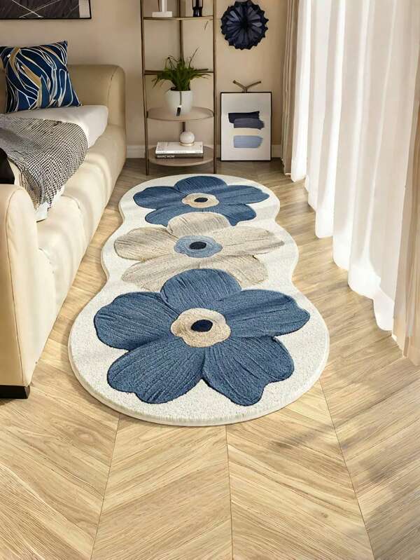 Tapete assimétrico de lã sintética, 1 peça, tapete macio com estampa floral azul, adequado para sala de estar e quarto, tapete lavável para decoração de casa