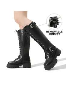 DREAM PAIRS Women's Combat Riding Platform Knee High Boots, Lace Up Fall Lug Sole Gothic Motorcycle Boots With Inside Zipper - Black - View 7