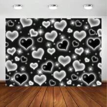 1pc Black Heart Photo Background, Retro 2000s Party Decor, Old-Fashioned Background, Valentine's Day Flashing Heart Background For Women And Men, 90s Birthday Background, Selfie Wall Decor, Banner Decor