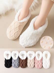 1双女士加厚保暖防滑袜，纯色菱格纹休闲家居袜，秋冬季舒适保暖