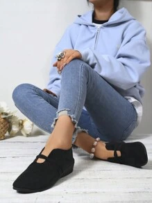 Zapatos planos casuales, cómodos y versátiles para uso diario de mujer, con diseño elástico y sin respaldo, escote en V profundo, puntera redonda, tacón grueso bajo y suela antideslizante. - Negro - Ver 5
