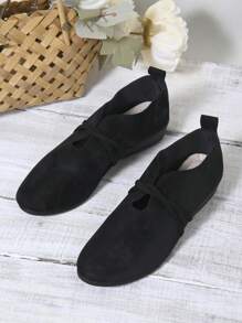 Zapatos planos casuales, cómodos y versátiles para uso diario de mujer, con diseño elástico y sin respaldo, escote en V profundo, puntera redonda, tacón grueso bajo y suela antideslizante. - Negro - Ver 8