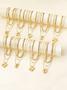 3pcs Fashionable & Elegant Letter Necklace Set, Zinc Alloy Smooth Surface Alphabet Pendant Necklaces, Cartoon Chunky Metal Chain Necklaces, Suitable For Holidays, Gifts, Spring/Summer Daily Wear - Large Letters - View 1