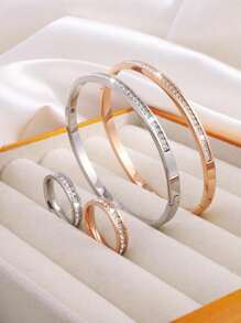 4 Pcs Of Light Luxury Design Advanced Simple Stainless Steel Single Row Drill Bracelet Ring Suitable For Holiday Gifts Friends