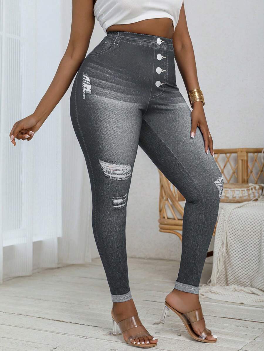 Plus Size Women Denim-Effect Printed Tights High Elastic Slim Fit Leggings Ripped Print Curvy Pants Sports Clothing For Autumn & Winter - Black - View 1