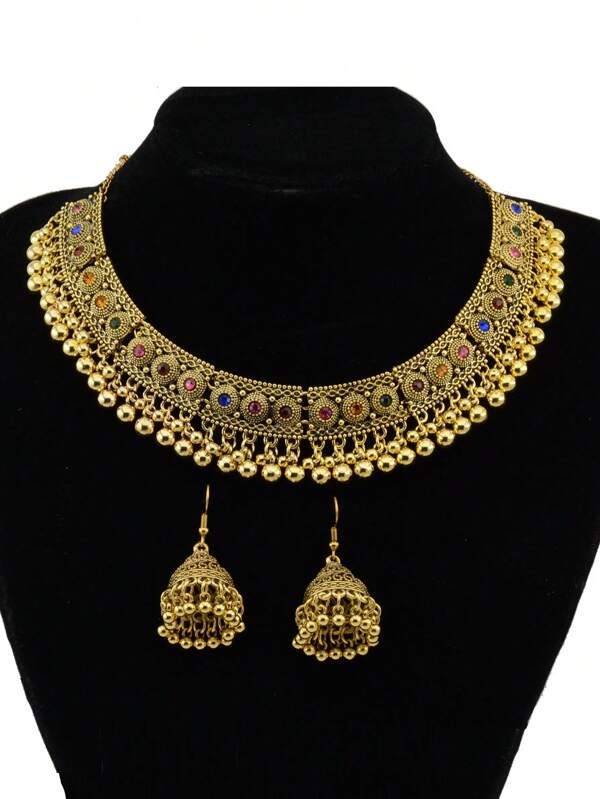 1 conjunto: 1 colar + 1 par de brincos, estilo vintage boêmio, material de liga, multicolorido, colar de strass colorido, brincos de borla em forma de lágrima em forma de gaiola de pássaro oca, perfeito para feriados, festas, viagens, adequado para mulheres