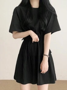 Korean Style Sweet Tie Waist Round Neck Short Sleeve Casual Versatile Crop Mini Dress For Women, Summer