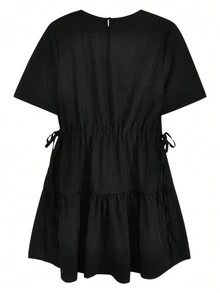 Korean Style Sweet Tie Waist Round Neck Short Sleeve Casual Versatile Crop Mini Dress For Women, Summer