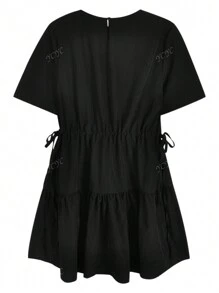 Korean Style Sweet Tie Waist Round Neck Short Sleeve Casual Versatile Crop Mini Dress For Women, Summer