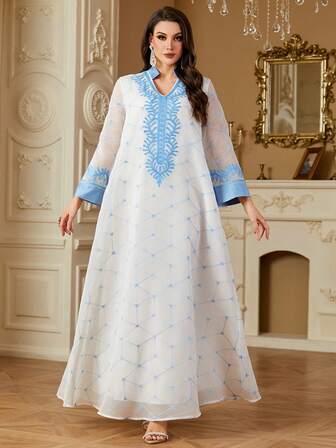  Siskakia Abaya 斋月缺口立领刺绣网眼长裙摩洛哥女装派对优雅长袍