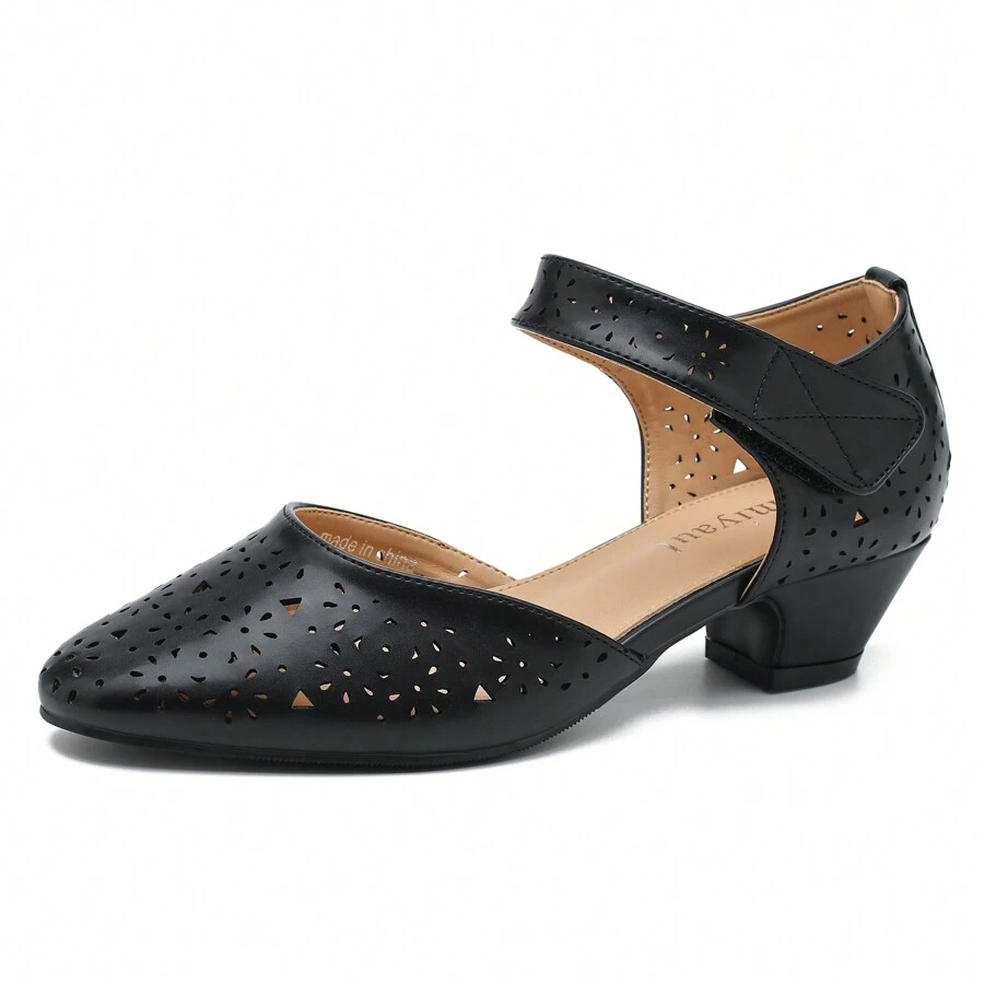 Women's Ankle Strap Cut Out Closed Toe Low Block Heels Pumps Retro Shoes Hook And Loop D'Orsay Comfortable Vintage Dressy Wedding Party Work Shoes - 黑色啞光 - 查看 1
