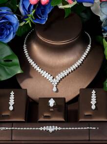 1 套时尚方晶锆石水滴装饰首饰套装，适合女性派对佩戴