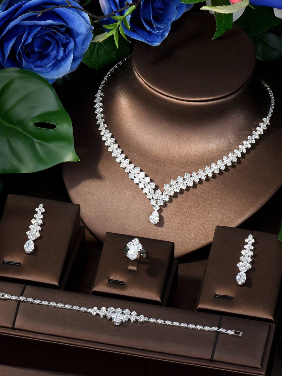 1 套时尚方晶锆石水滴装饰首饰套装，适合女性派对佩戴
